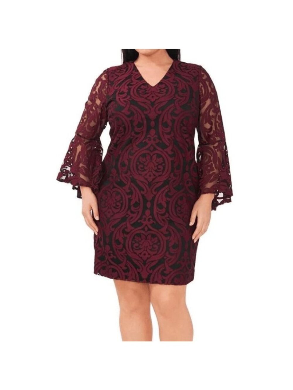NWT MSK Womens Red Black Lace Sheer Bell Sleeve V-Neck Sheath Dress PLUS 14W